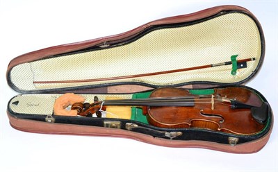 Lot 2019 - Violin 14.25"; one piece back, inner back stamped 'H Derazey' ebony finger board and tail...
