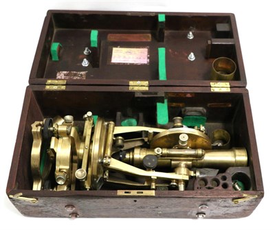 Lot 2084 - E R Watts & Sons Theodolite no.16451, brass with twin Vernier scales on two axis and three...