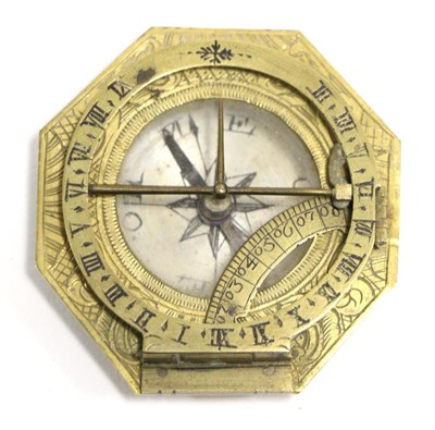 Lot 2095 - Pocket Sundial brass construction with octagonal case, compass, raising pointer with graduated...