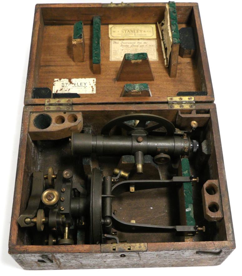 Lot 2108 - W F Stanley Theodolite no.10283, black lacquered finish, with twin Vernier scales, and spirit...
