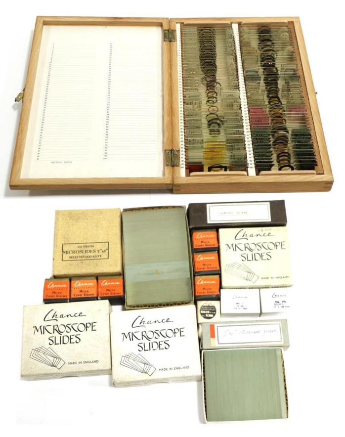 Lot 2123 - Prepared Microscope Slides a box of 100 assorted examples, 12 slides from the University of...