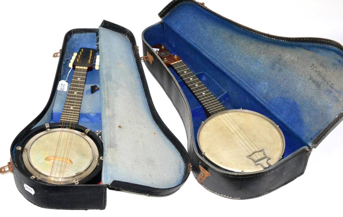 Lot 2138 - John Grey & Sons (London) Banjolele with 7.75"; head, metal resonator, wooden hoop, cased; together