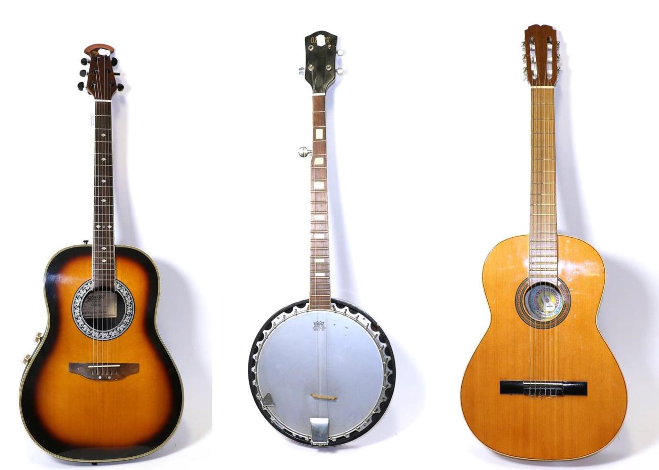 Lot 2143 - Ozark 5 String Tenor Banjo (requires work) in soft case; Tanglewood Odyssey bowl back guitar...