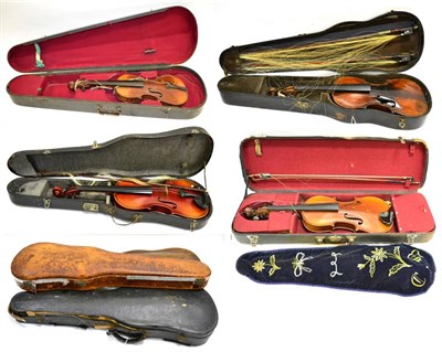 Lot 9 - Five Violins And A Viola for repair and restoration (all cased) and spare case (7)