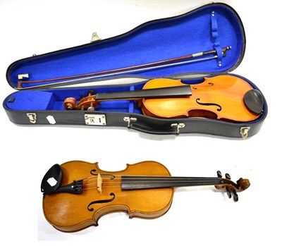 Lot 15 - P Beuscher Violin 14.25"; two piece back with ebony fingerboard and rosewood pegs with label...