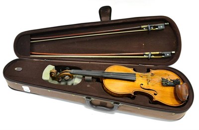 Lot 19 - Violin (Probably German) 14"; one piece back, no label, with two bows in semi-hard case