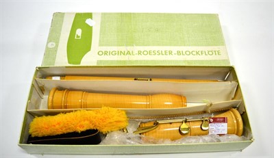 Lot 31 - Roessler ";Meister"; Three Piece Maple Bass Recorder in original card box