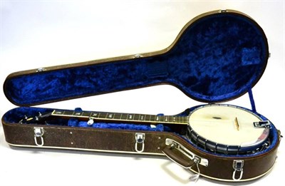 Lot 79 - Antoria 5 String Banjo Made in Japan, metal rim, 11"; head inlayed eagle logo to resonator and inly