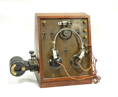 Lot 106 - Crystal Set Radio Receiver with sloped mahogany case with three Bakelite knobs, three external...