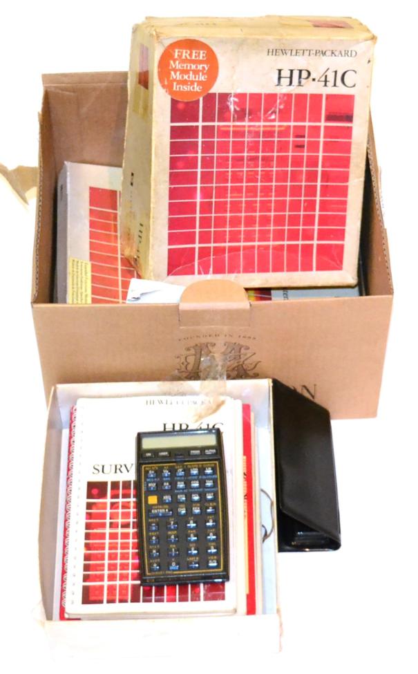 Lot 120 - Hewlett Packard HP41C Electronic Calculator in original box, with Surveying Pac and other books