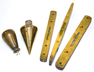 Lot 131 - Three Brass Topped Spirit Levels by Hockley Abbey, E Preston & Sons, Alex Marshall; together...