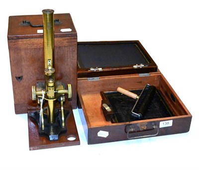 Lot 138 - Brass Microscope with screw on barrel, rotating aperture disc, concave mirror, rack and pinion...
