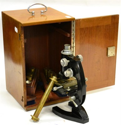 Lot 146 - Nachet (Paris) Microscope black lacquered finish, with four lens turret, adjustable stage,...