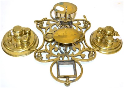 Lot 175 - Brass Balance on ornate base with 4oz base stamped GR 15";, 38cm together with two sets of...