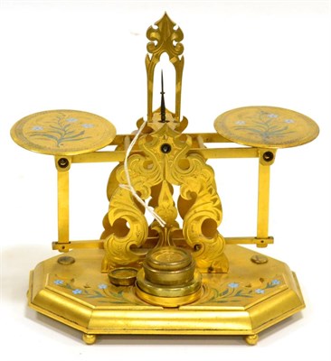 Lot 183 - Domestic Postal Scales with engraved oval trays with enamel and ormolu decoration, on hexagonal...
