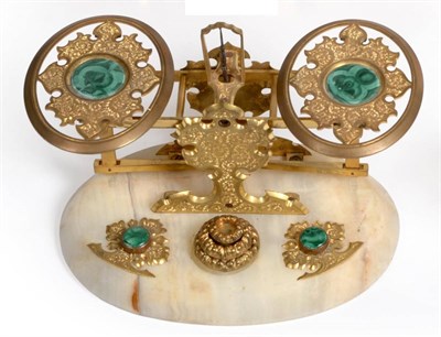 Lot 187 - Domestic Postal Scales with oval trays with malachite inserts, on oval onyx base with three weights