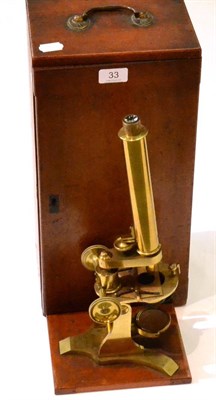 Lot 33 - Baker Brass Microscope with rack and pinion course focusing and fine focusing, concave mirror,...