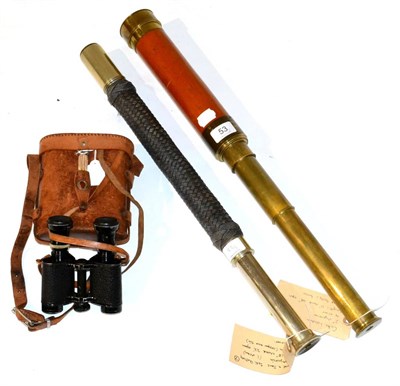 Lot 53 - Cutts (London) Three Draw Telescope brass with wood covering, 2"; objective lens 36";, 92cm;...