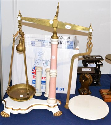 Lot 62 - A Co-operative Wholesale Society 10lb Brass Beam Scale, with white painted cast iron base, pink...