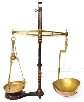 Lot 85 - Day & Millward Scales with heavy iron base with gold decoration and 16"; beam, with brass bell...