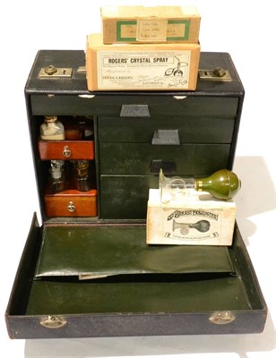 Lot 104 - Doctors Bag with four internal drawers and two mahogany drawers containing bottles, glass...