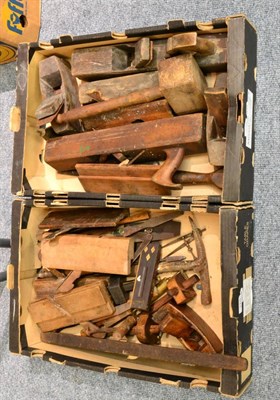 Lot 110 - A Collection of Woodworking Tools, including beech planes, levels, mortice gauges, squares,...