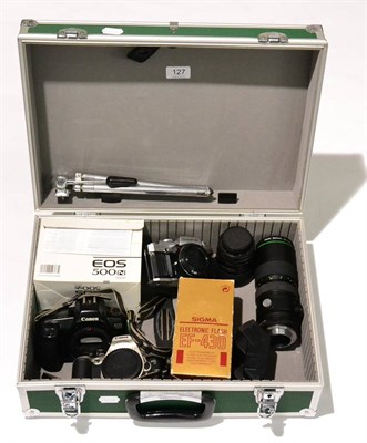 Lot 127 - Canon Three Camera Bodies EOS1000 and two EOS500N (one with original box) Olympus OM30; Hanimex...