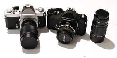 Lot 147 - Nikkormat FT2 No.5430671, silver, with Vivitar f2.8, 135mm lens; another no.5186265, black with...