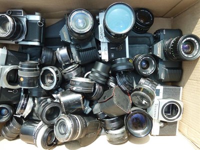 Lot 170 - Various Camera Bodies And Lenses including Canon T70 with Ozunon 28-70mm lens, Canon FTb with Sicor