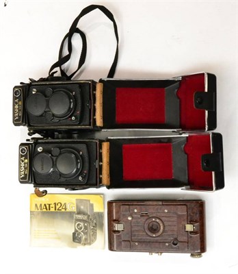 Lot 200 - Yashica Two Mat-124G Cameras in leather cases with instruction booklet; Kodak Bakelite No,2...