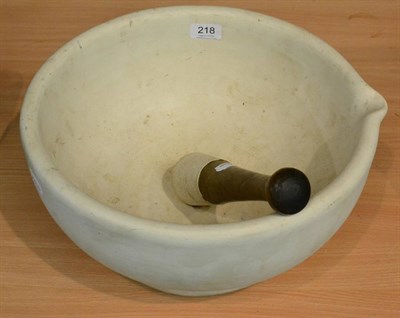 Lot 218 - Large Porcelain Mortar And Pestle 14";, 36cm diameter pestle with wooden handle