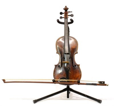 Lot 21 - A19th Century German Violin, no label, with a 355mm one piece back, ebony tuning pegs, with two...