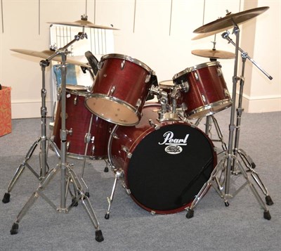 Lot 57 - A Pearl Export Series Drum Kit, with Zildjian cymbals, pedals, sticks etc