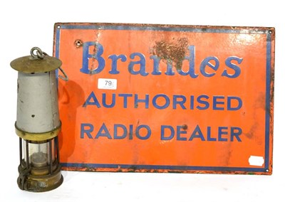 Lot 79 - Davies Kirkby Miners Safety Lamp  together with an enamel advertising sign 'Brandes Authorised...