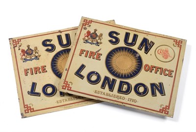 Lot 95 - Sun Fire Office London Two Enamel Signs with Sun crest, blue/red lettering on cream ground each...