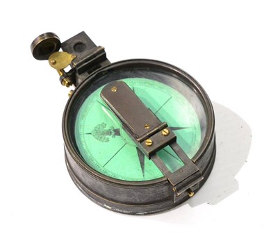 Lot 103 - Brass Surveying Compass, with folding side vane and prism, two filters, green card dial, brass...