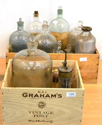 Lot 129 - Various Glass Storage Bottles together with a glass flask containing electrodes and five copper...