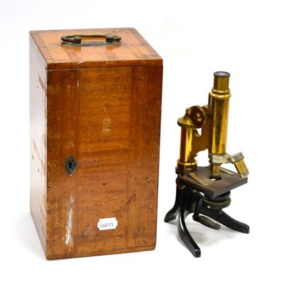 Lot 140 - E Leitz Wetzlar Brass Microscope no.64804, with rack and pinion/thumbwheel focussing, two lens...