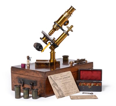 Lot 142 - Ed Messter (Berlin) Brass Microscope with rack and pinion course focus and thumbwheel fine...