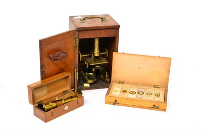 Lot 146 - Microscopes including a small brass microscope (incomplete) and a box of prepared slides; A...