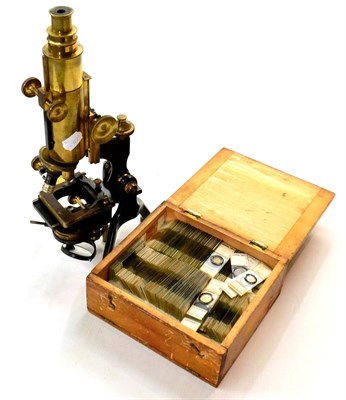 Lot 148 - W Watson (London) Brass Microscope with broad barrel, three lens turret, condenser and...