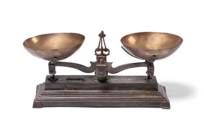 Lot 205 - S Mordan & Co (London) Scales with brass frame and two flat pans (one circular, one rectangular) on