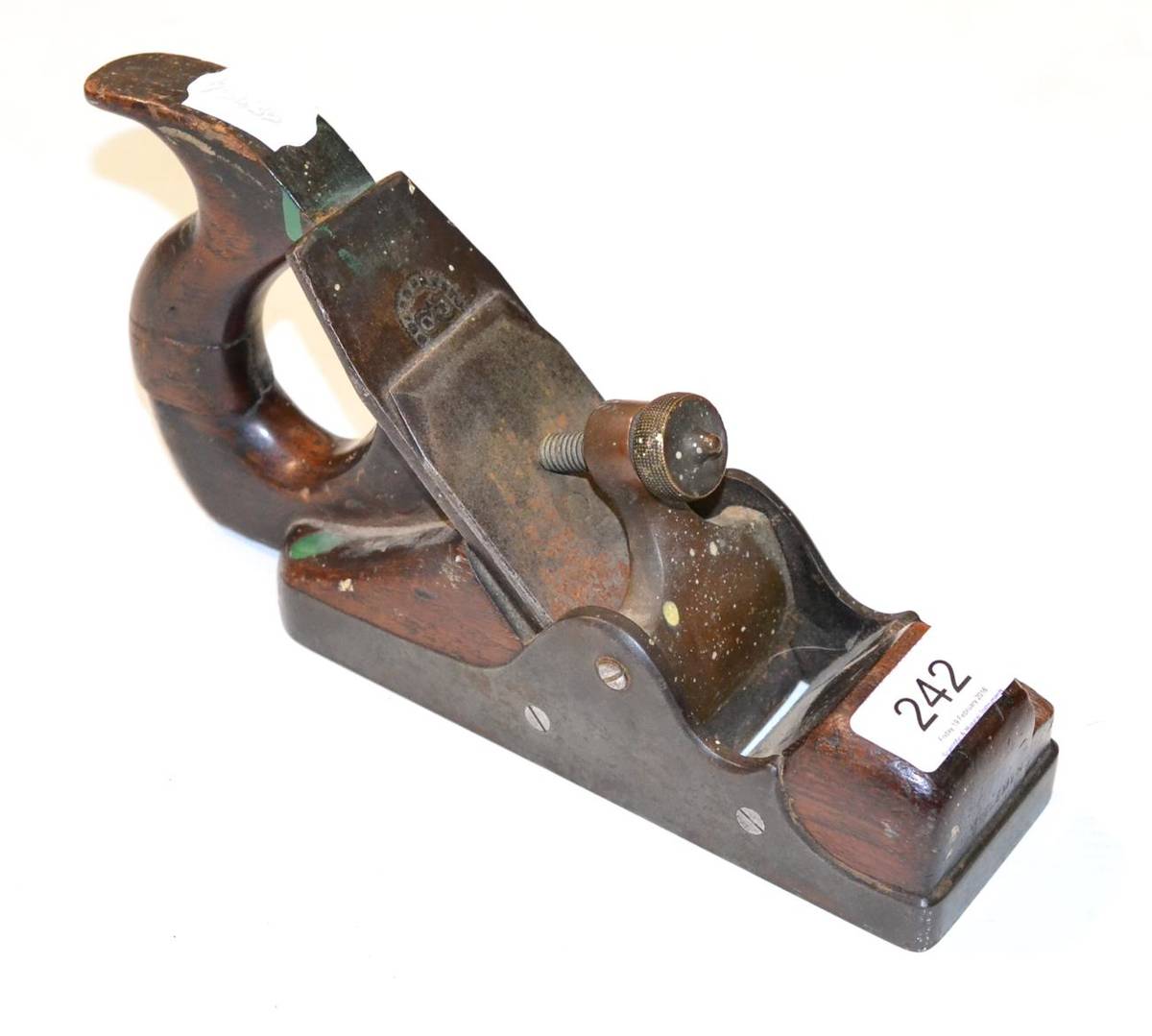 Lot 242 - A Steel Smoothing Plane, with walnut infill and handle, brass lever cap, Edward Preston iron (a/f)