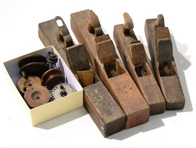 Lot 243 - Four Beech Jack Planes, together with six mixed fishing reels, including Allcock's 'Stanley',...