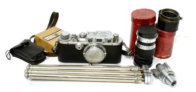 Lot 263 - Leica IIIB Camera No.326245 with Leitz Elmar f3.5,50mm lens; an additional Elmar f4, 90mm lens...