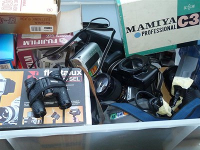 Lot 303 - Various Cameras including Mamiya C3 body only (boxed) Olympus OM30, Zenit 12XP and others including