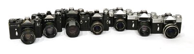 Lot 320 - Zenit E Camera with Carl Zeiss Jena Tessar f2.8, 50mm lens, together with six other Zenit...