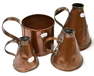 Lot 38 - Copper Measures three conical examples: Half-gallon, Quart and Pint (each with brass plaque...