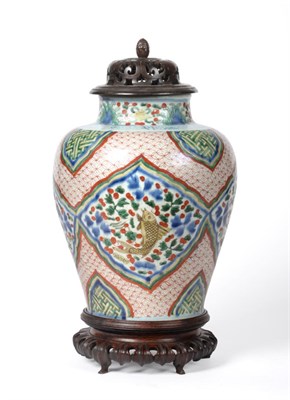 Lot 36 - A Chinese Wucai Porcelain Jar, Chinese Transitional period, 1620-1663, of baluster form,...