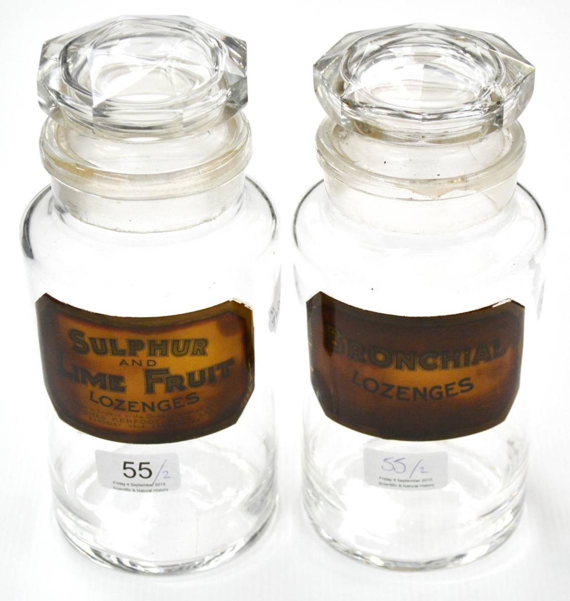 Lot 55 - Thomas Kerfoot Two Glass Storage Jars Sulphur and Lime Fruit Lozenges and Bronchial Lozenges,...